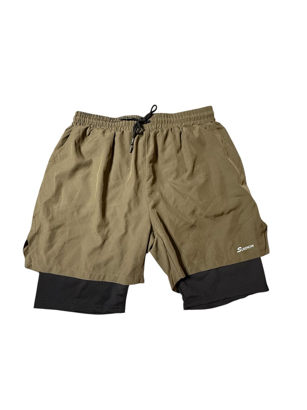 Surenow Mens 2-in-1 Running Shorts Large Tan/Black Lined Gym Workout Training